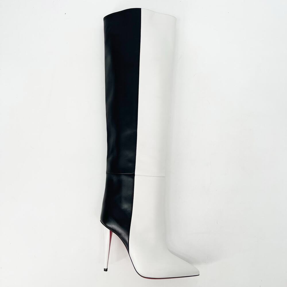 Christian Louboutin Black and White Two-Tone Knee-High Stiletto Boots - Picture 2 of 13